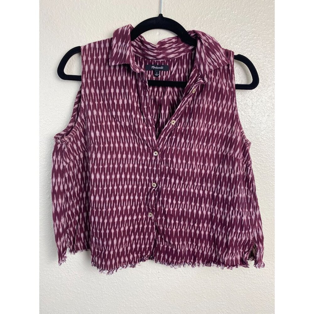 Madewell Moment Ikat Geometric Fray Hem Sleeveless Blouse Top size Small Button
